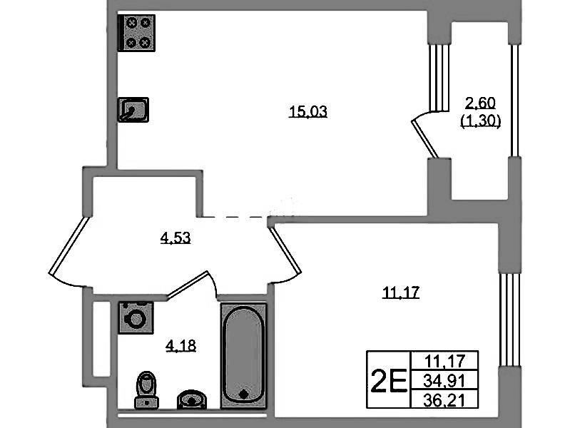 1-комнатная квартира 36.21 м², 1/12 эт., ЖК «GloraX Новоселье»